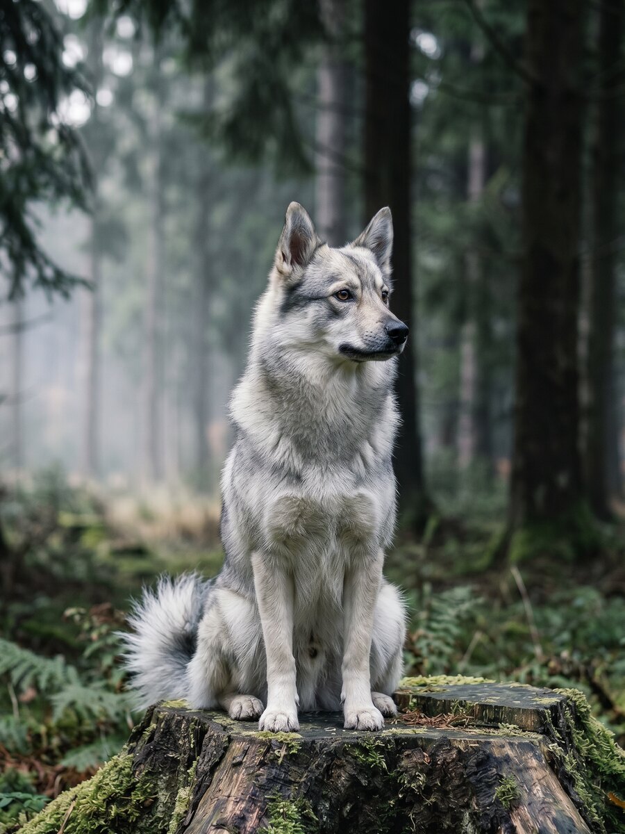 Rumeur, femelle gris-loup clair, assise en lisière de forêt