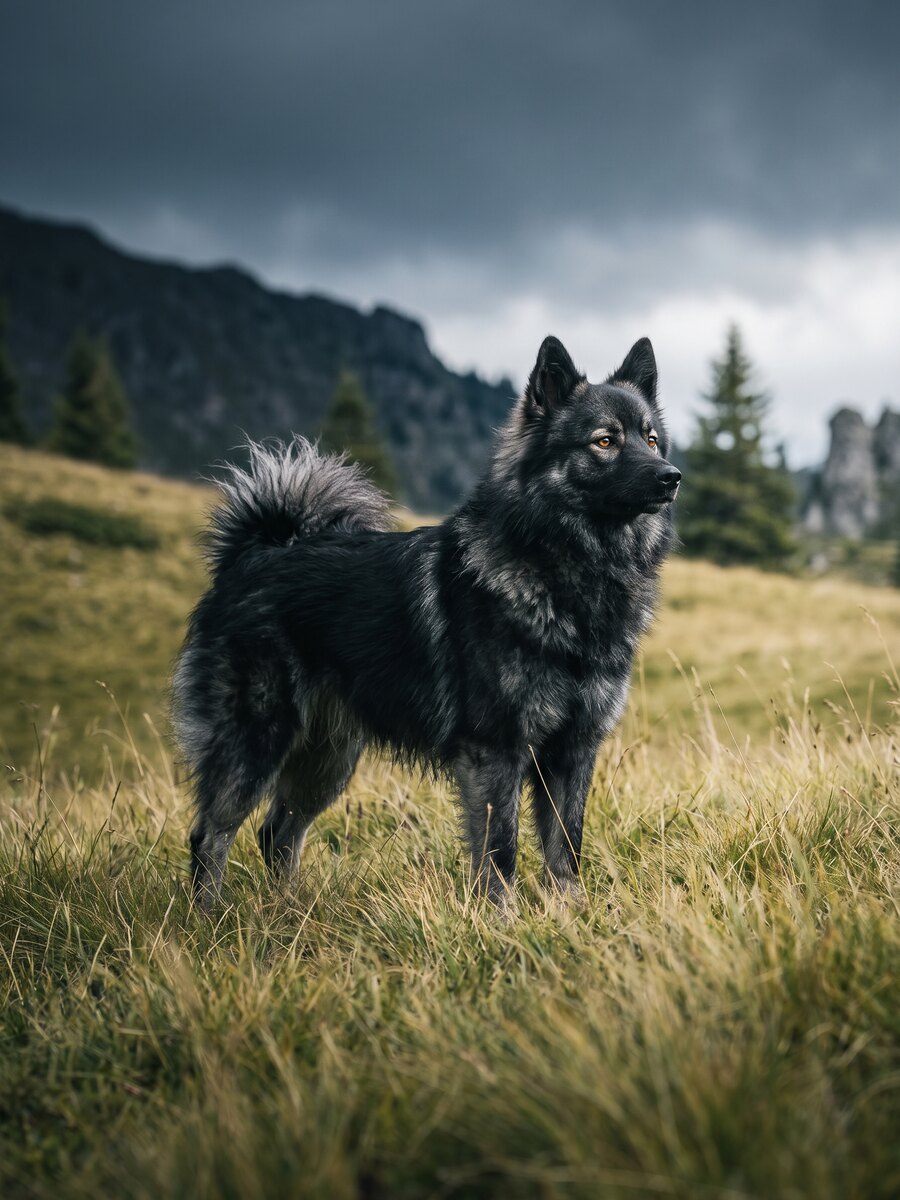 Toundra, femelle gris-loup foncé, debout dans l'herbe haute