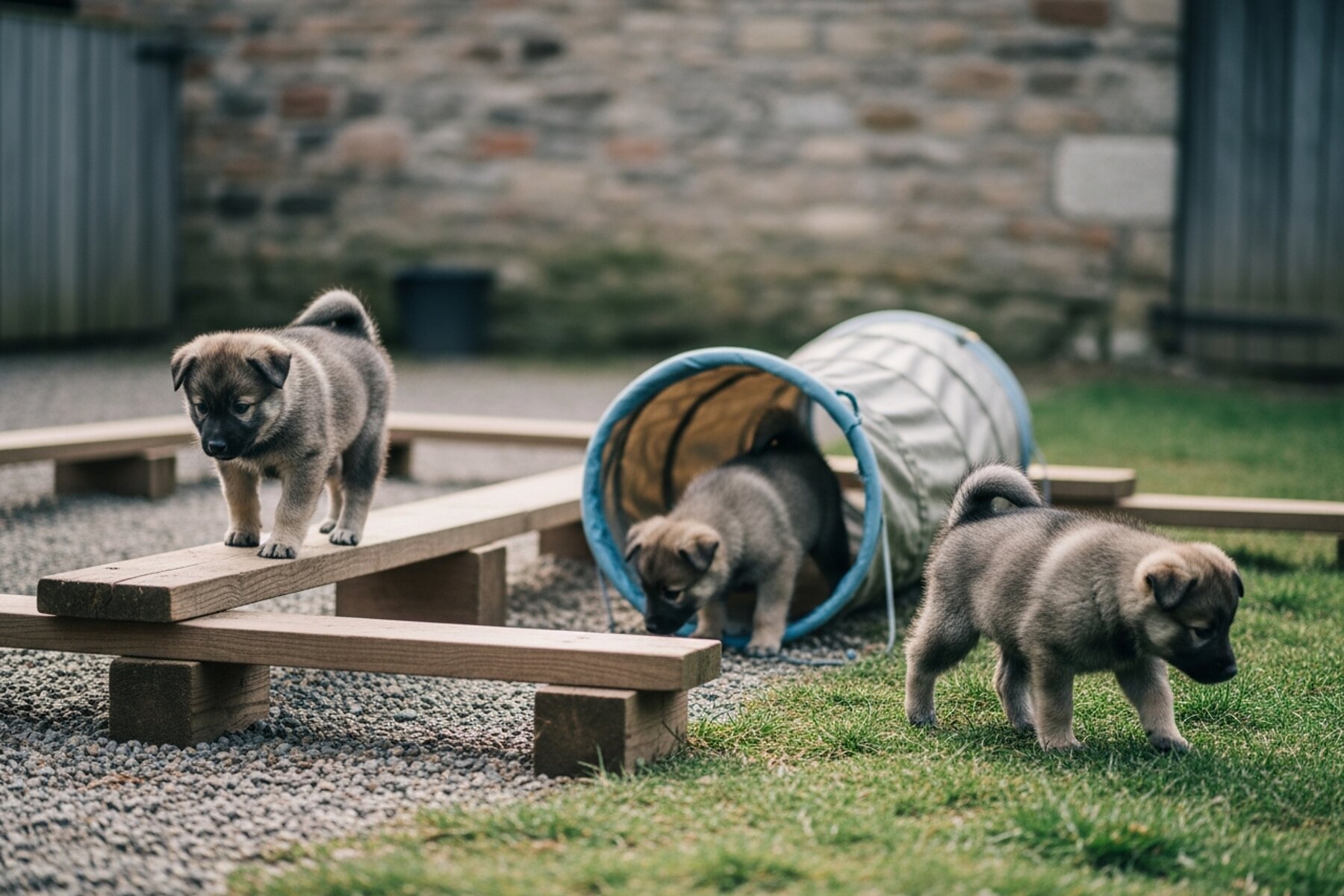 Les chiots de la portée B sur le parcours d'éveil extérieur, planches et tunnels