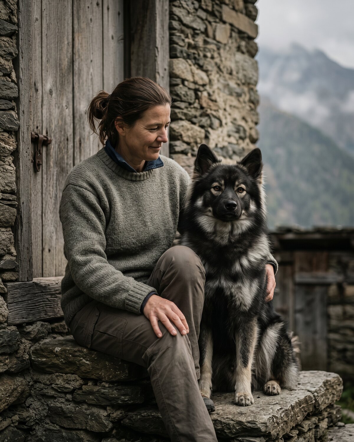 Élise Reynaud assise sur les marches de la ferme avec Sirius, fin de journée