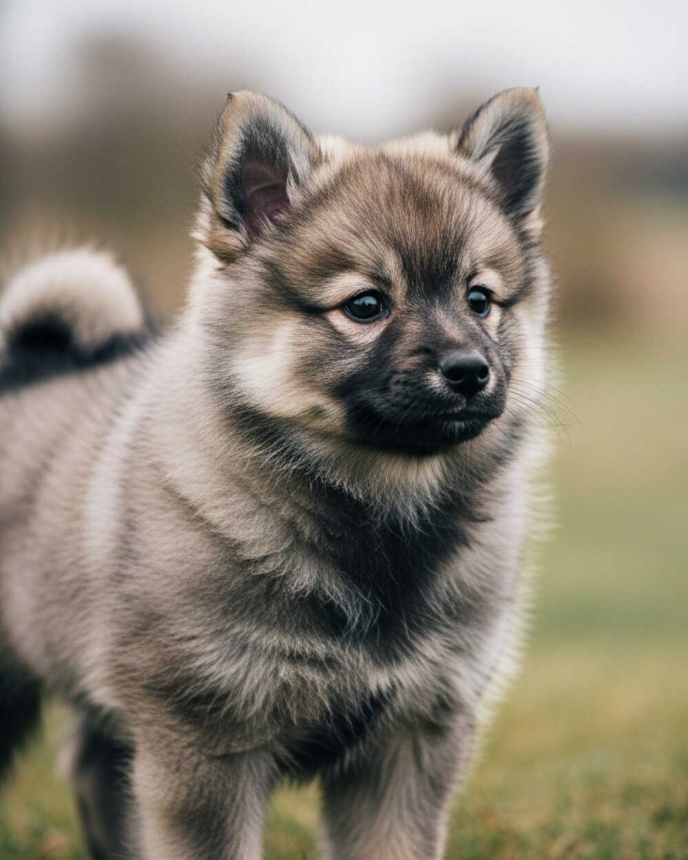 Bosco, chiot mâle gris-loup de la portée B, assis dans l'herbe