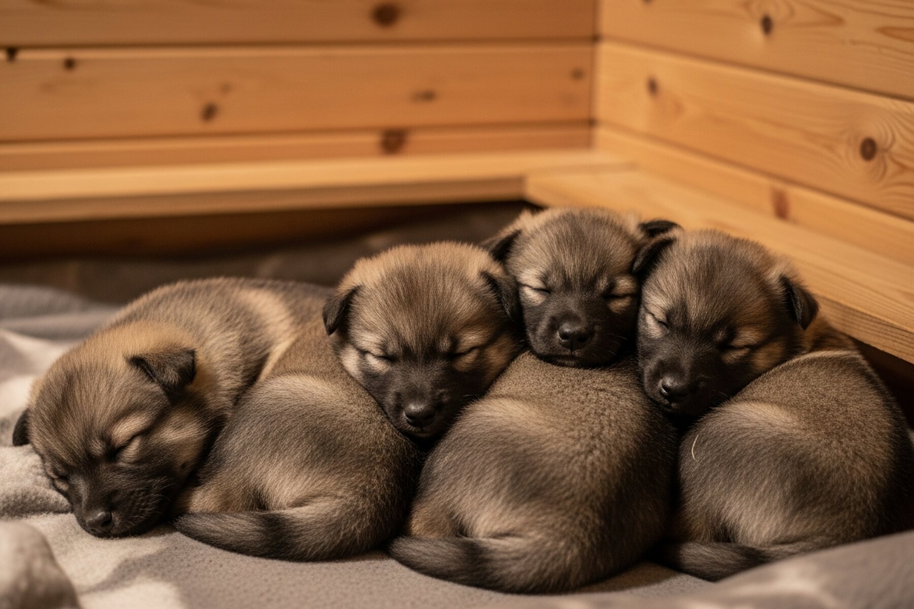 Souvenir de la portée V : quatre chiots de cinq semaines endormis en tas