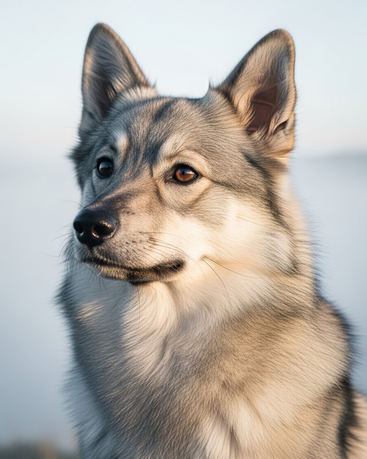 Portrait de Rumeur, femelle spitz moyen gris-loup clair au voile argenté