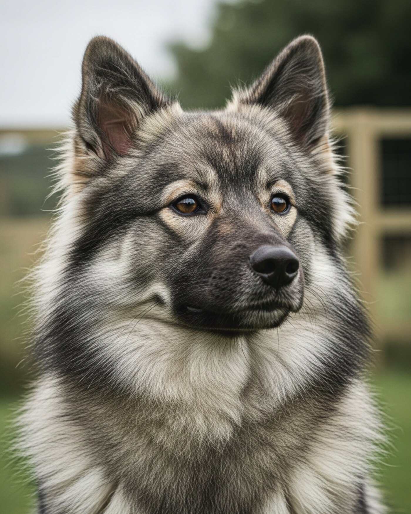 Portrait rapproché de Sirius, spitz moyen gris-loup charbonné, masque sombre et lunettes claires