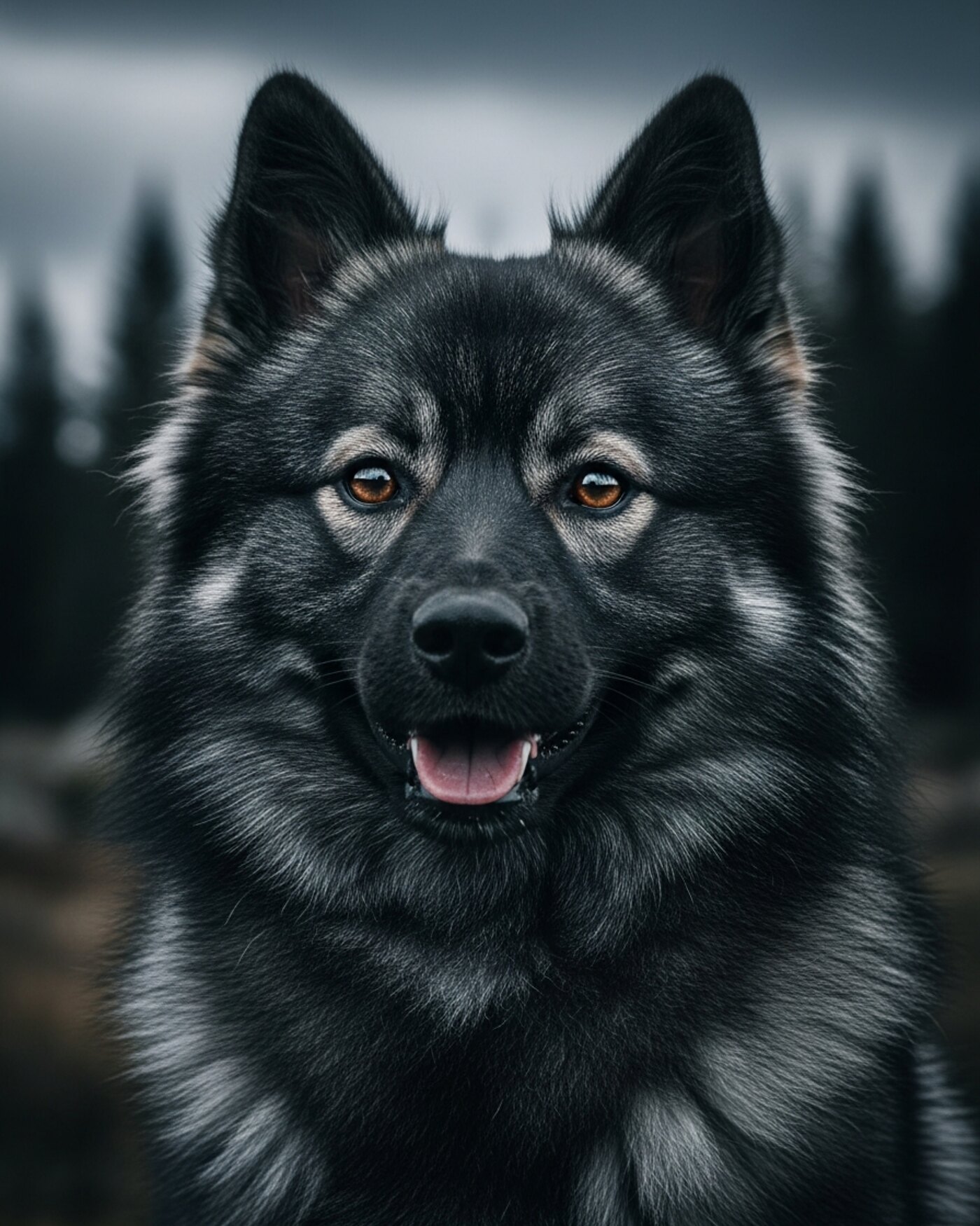 Portrait de Toundra, femelle spitz moyen gris-loup foncé aux charbonnures appuyées