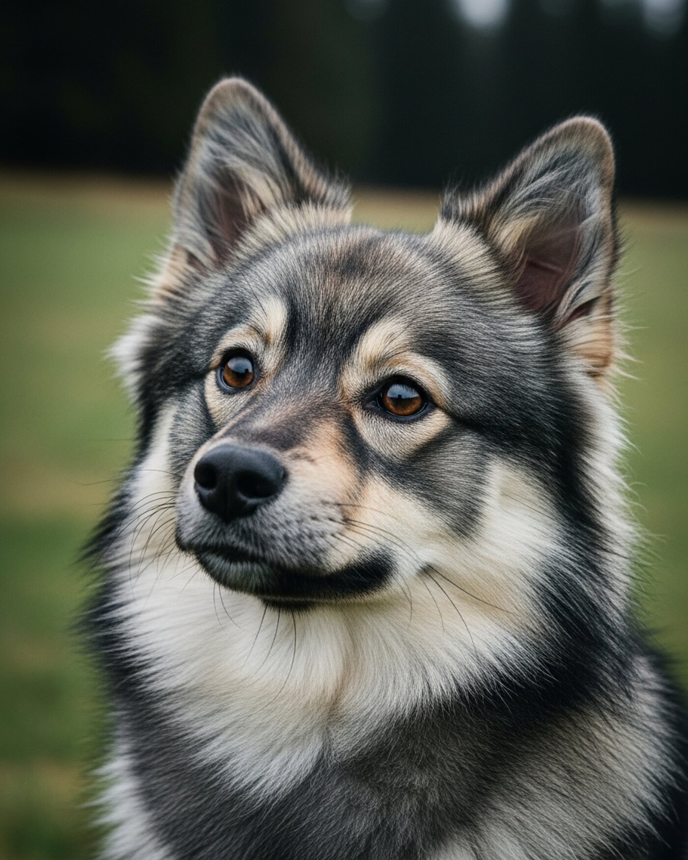 Portrait de Vesper, jeune femelle spitz moyen gris-loup aux lunettes très dessinées